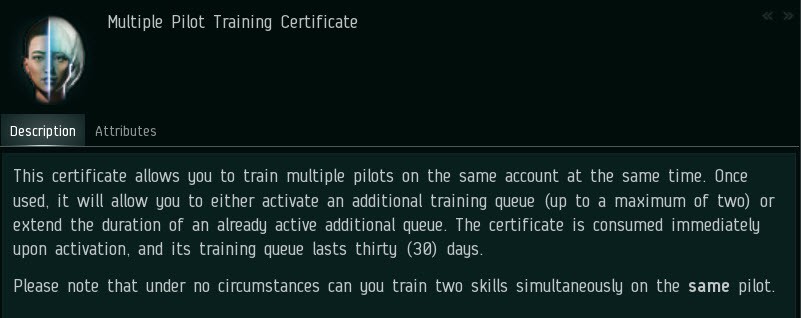 EVE Online Multiple Pilot Character Training Certificate